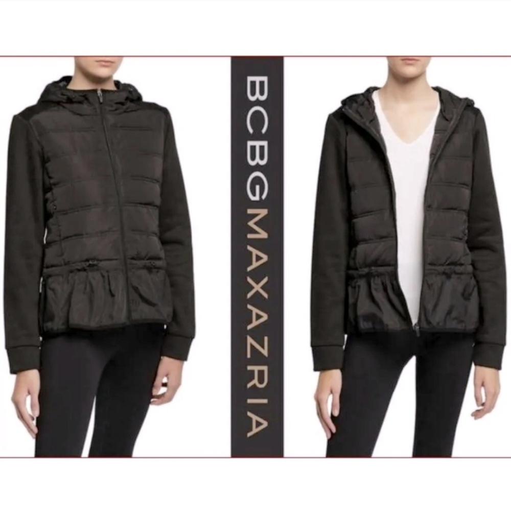 BCBGMAXARZIA Black Peplum Quilted Hooded Lightweight Puffer Jacket Womens Size L